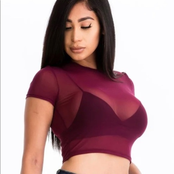 BURGUNDY SHORT SLEEVE SHEER MESH CROPPED TOP SHIRT SEE-THROUGH - Picture 2 of 2